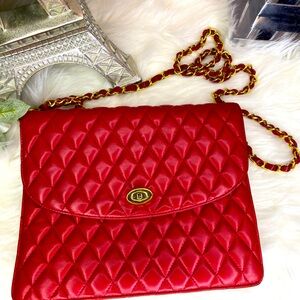 BALLY Chain Shoulder Bag Quilted Red Leather EUC